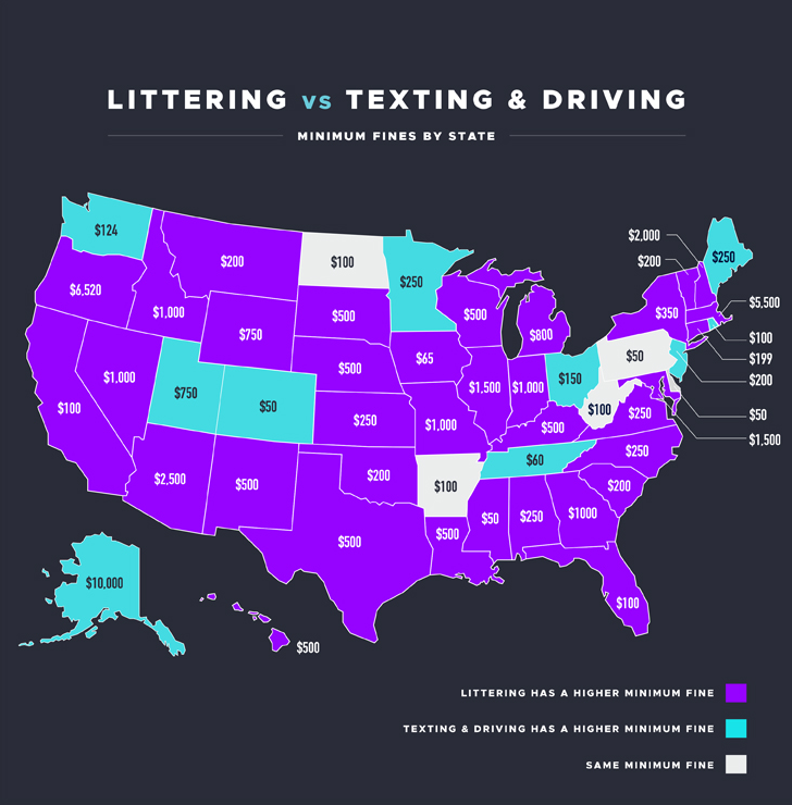 Littering vs. Texting & Driving Fines By State
